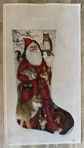 HP needlepoint Liz Goodrick Dillon Christmas Stocking Santa & Woodland Animals  - Picture 1 of 7