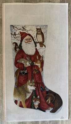 HP needlepoint Liz Goodrick Dillon Christmas Stocking Santa & Woodland Animals  - Image 1 of 4