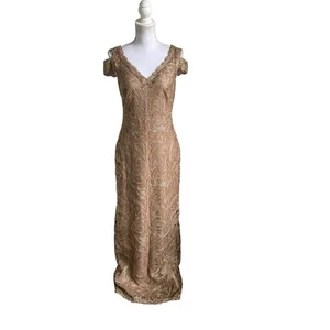 Vestido Tadashi Shoji Hombro Frío Cobre Sombra Bordado Encaje Columna Nuevo - Imagen 1 de 10