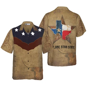 Brown Vintage Floral Damask Pattern Texas Hawaiian Shirt The Lone Star State Tex - Picture 1 of 5