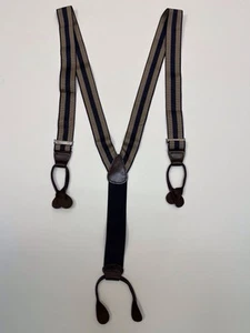 Jos A Bank Suspenders Navy Tan Gross Grain Stripes & Dark Brown Leather One Size - Picture 1 of 7