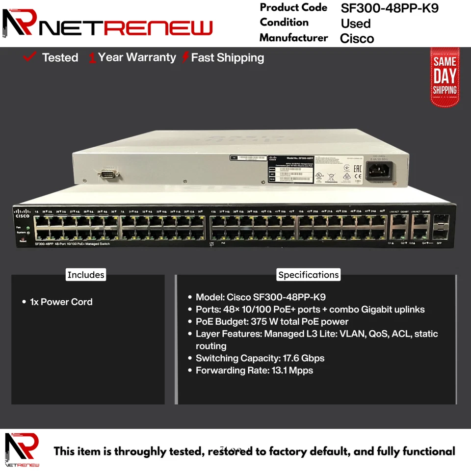 Cisco SF300-48PP-K9  Switch  48 Port PoE+ Gigabit Ethernet - Image 1 of 1
