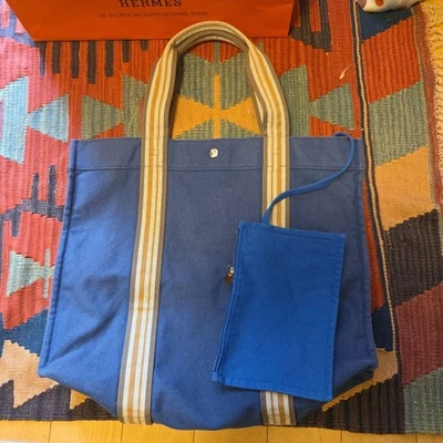 Hermes GM Beach Tote Bag Canvas Blue  Used Good Condition - Image 1 of 4