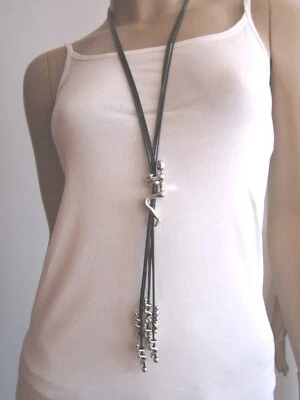 Damen Halskette Modekette Bettelkette Band lang Silber Schwarz Wirbelwind Charms - Bild 1 von 4