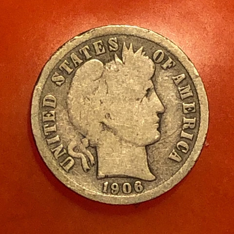 1906-S  Silver Barber Head Dime Very Good Cover