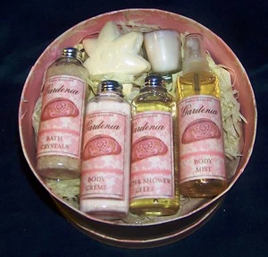 Gardenia 6 Piece Bath Set in a 7 1/2 inch round hat box with Emily Adams Art  - Picture 1 of 6