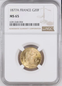 :1877A GOLD 20 FRANCS FRANCE NGC MS-65 STANDING GENIUS RARITY R5 HIGHEST-GRADES - Picture 1 of 2