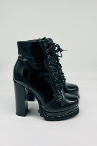 LILIANA Boots 6.5 BLACK PATENT PLATFORM Vegan Leather Zip Ankle 5" Blocky Heel - Picture 1 of 16