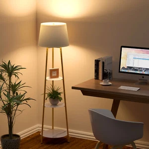3-Tier Shelf Floor Lamp w/Shade Standing Light Open Shelves Storage Living Room - Picture 1 of 12