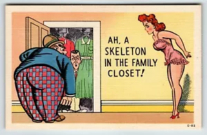 Skeleton In The Family Closet Sexy Linen Postcard Comical Humor Unposted Vintage - Picture 1 of 2