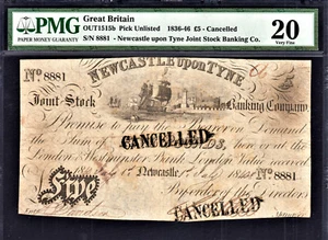 Great Britain, Newcastle upon Tyne Joint 5 Pounds 1840 Serial # 8881 VF PMG 20 - Picture 1 of 2