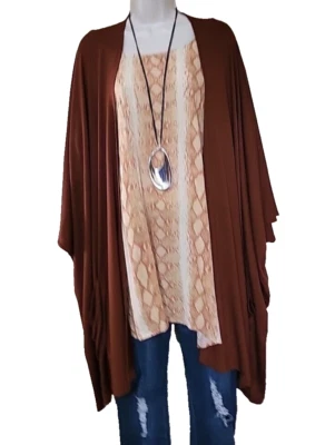Susan Graver Weekend Pockets Loose Kimono Plus 2X Petite Brown Bust 80" - Image 1 of 4