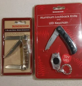 2 New Winchester Folding Knives Aluminum Lockback W Keyring, Burl Wood Stockman - Picture 1 of 9
