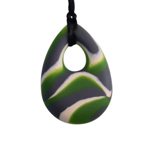 Chubuddy Oval Chewy Pendant With Breakaway Clasp Necklace- Green N Gray Swirl - Picture 1 of 12
