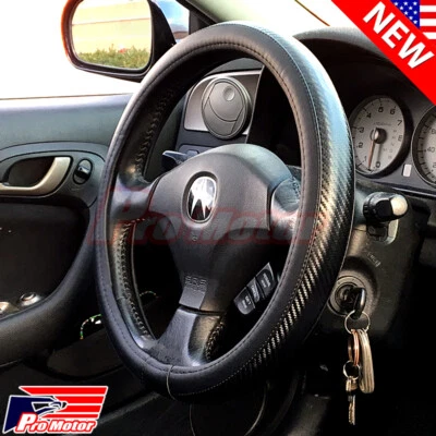 2023 Premium Black Carbon Fiber Leather Steering Wheel Cover Protector Slip-On - Image 1 of 3
