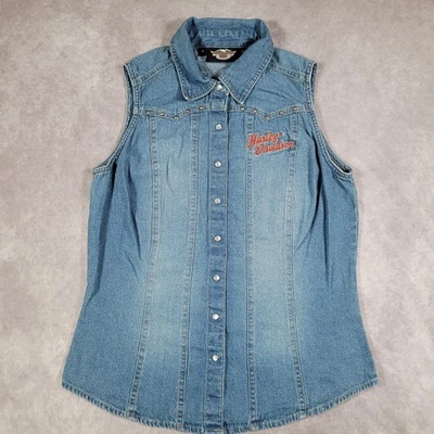 Chaleco Harley-Davidson Mujer Pequeño Azul Denim A Presión Delantero Tachonado Trasero Gráfico Foto 1 de 4