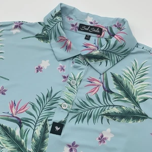 Bad Birdie Polo Shirt Mens Medium Blue Tropical Palm Golf Activewear Performance - Picture 1 of 8