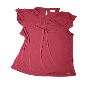 Calvin Klein Womens Top XL Ruffle Sleeve Keyhole Maroon Blouse - Picture 1 of 5