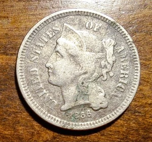 1866, 3 Cent Nickel Piece, Nice Coin - Picture 1 of 4