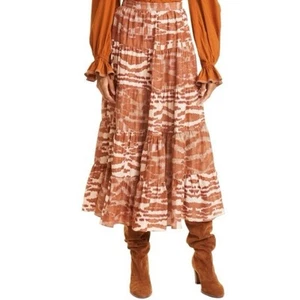 ULLA JOHNSON 0 Women's 100% Silk Aisa Tiered A Line Midi Skirt Fawn Ikat Print  - Picture 1 of 18