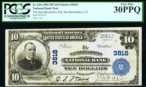 1902 $10 NATIONAL BANK NOTE ~ SAN BERNARDINO CALIFORNIA ~ PCGS VERY FINE 30 PPQ - Picture 1 of 2