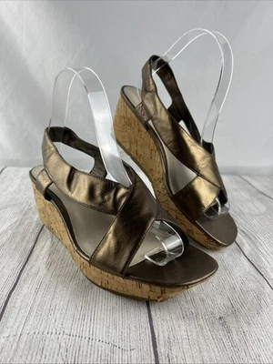 Sandalias de cuña Nine West talla 7M bronce marrón cuero tiras tacones traseros Foto 1 de 4