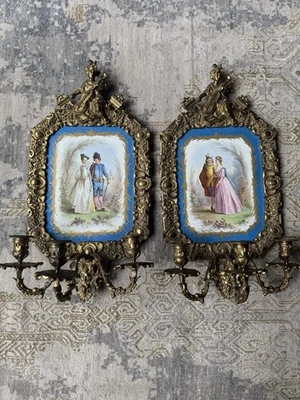 "Antiguo par de apliques de pared placas de porcelana Sevres bronce dorado siglo XIX 22"" H" Foto 1 de 4