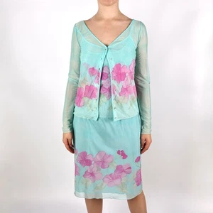 Blugirl Blumarine Vintage 3-teiliges türkis Mesh Blumen Set Kleid Gr. M - Bild 1 von 6