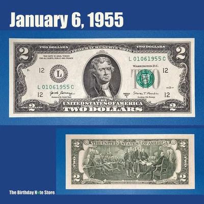January 6, 1955 Birthday Anniversary $2 Two Dollar Bill Serial Number 01061955 - Image 1 of 2