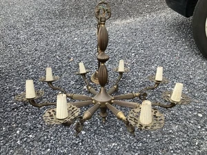 1960 Spanish Brass Chandelier 8 Fluted Arms Needs Rewiring Fluted Column MCM 25” - Picture 1 of 8