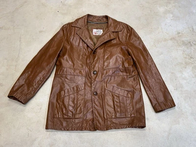 Vintage Sears Jacket Men 42 Brown Leather Shop Designer Button Faux Fur Lined - Image 1 of 4