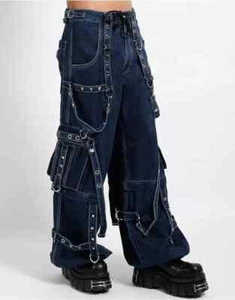 Goth Cargo Unisex Tripp Pants with Straps & chains Denim Punk Emo Wide-Leg Pants - Picture 1 of 7