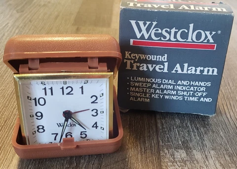 Vintage Retro 3" x 3" Westclox Travel Keywound Alarm Clock Tourino Clamshell Cover