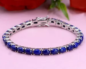 Pulsera de tenis ovalada natural de plata esterlina 925 piedra preciosa lapislázuli de 16,10 quilates - Imagen 1 de 8