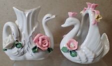 (2) Vintage Small Swan Bud Vase Planter w/ Pink Flower Embellishments China C12