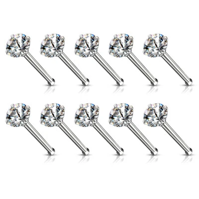 10pcs Prong Set Clear Gem Nose Rings 18g 20g Studs Bones Wholesale Body Jewelry - Image 1 of 2