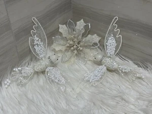 Set di 3 Colibrì e Fiore Vintage Clip On Ornamenti Bianco Glitter - Foto 1 di 5