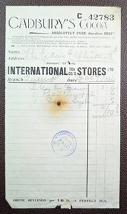 1904 International Tea Stores Ltd. Hastings Receipt with Cadbury's Cocoa Advert - Picture 1 of 1