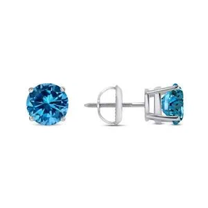 3 Ct Round Blue VS Lab Grown Diamond 18K White Gold Earrings Studs Screw Back - Picture 1 of 4