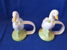 2 Hand Painted Porcelain Duck / Goose Napkin Rings w Flowers Easter Spring Decor