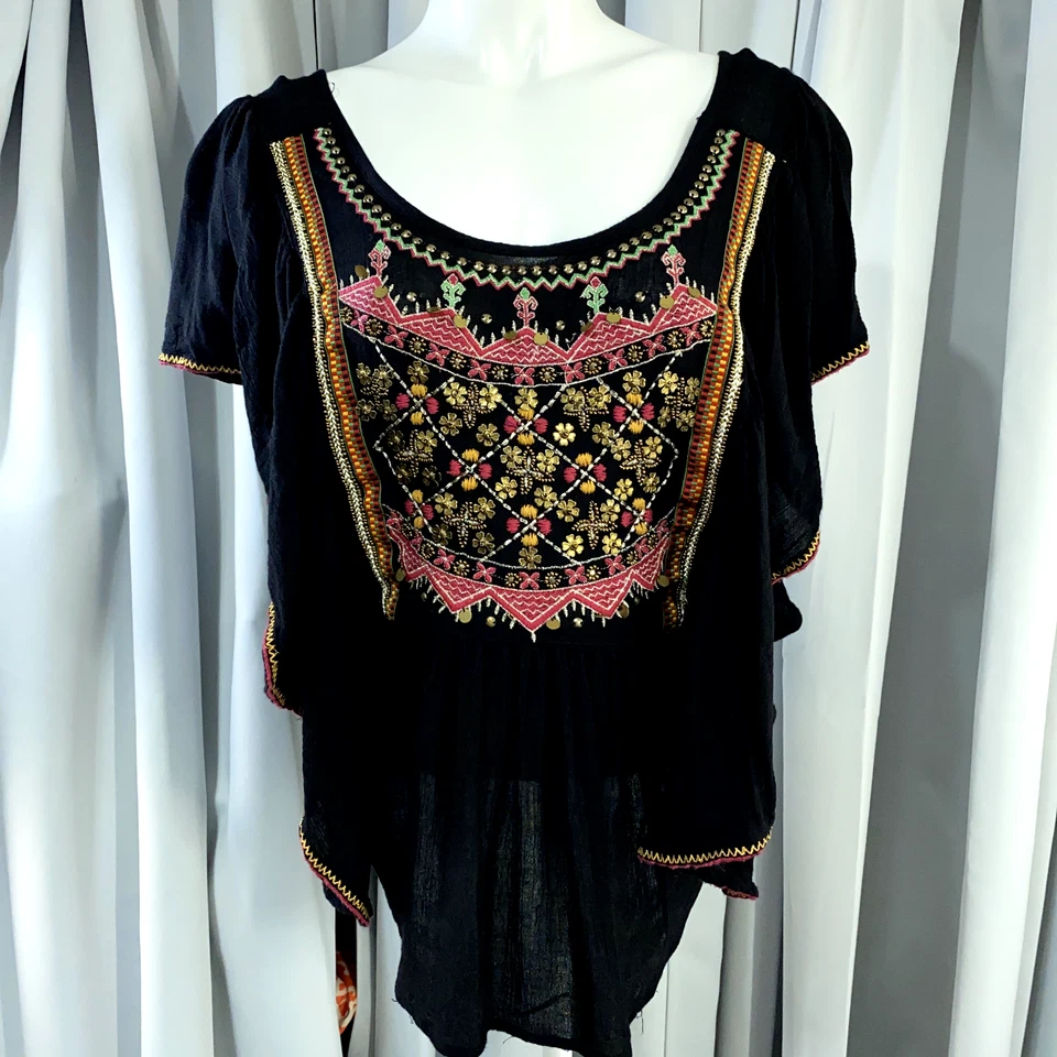 Top Ecote Mujer Extra Pequeño Negro Bordado Adornado Boho Pradera Gitana Foto 1 de 4