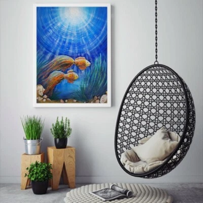 ORIGINAL Acryl 3d Bild Gemälde  Malerei Kunst Modern UNIKAT Fische Handmade - Bild 1 von 3