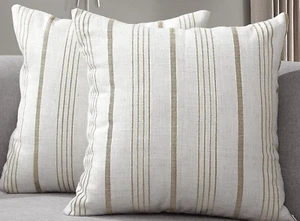 Pair 22 x 22 Farmhouse Textured Stripe Lien Pillow Covers Khaki / Nat Beige #J2 - Picture 1 of 2