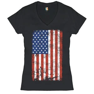 Distressed Grunge American Flag Women's V-Neck T-shirt Vintage 4th of July Tee - Picture 1 of 33