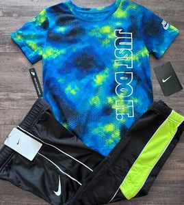 NWT Nike Boys 7 Black/Blue/Neon Yellow JUST DO IT Pants Set Size 7 - Picture 1 of 3