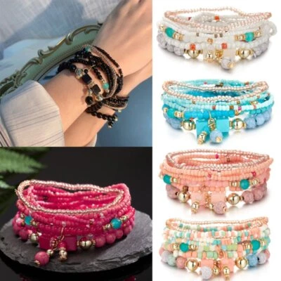 8 Piezas/Juego Boho Multicapa Cristal Brazalete Cuentas Mujeres Joyería Regalo Nuevo Foto 1 de 4