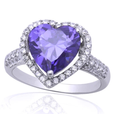 Anillo de boda con halo de tanzanita simulado corte corazón chapado en oro blanco de 14 k plata 925 Foto 1 de 4