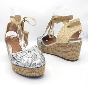 Schutz Espadrille Wedges Silver Woven Leather Ribbon Ties Platform Shoes 9 - Picture 1 of 11