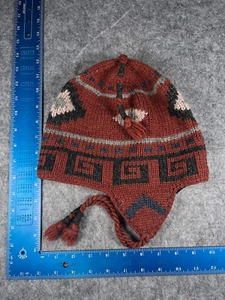 Peruvian Beanie Toque Adult Small Red Knit Waves Wool Blend Ear Flaps tassel - Picture 1 of 9