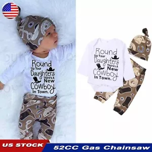Newborn Baby Boy Outfits Clothes Long Sleeve Romper Jumpsuit Tops+Pants+Hat Sets - Picture 1 of 14